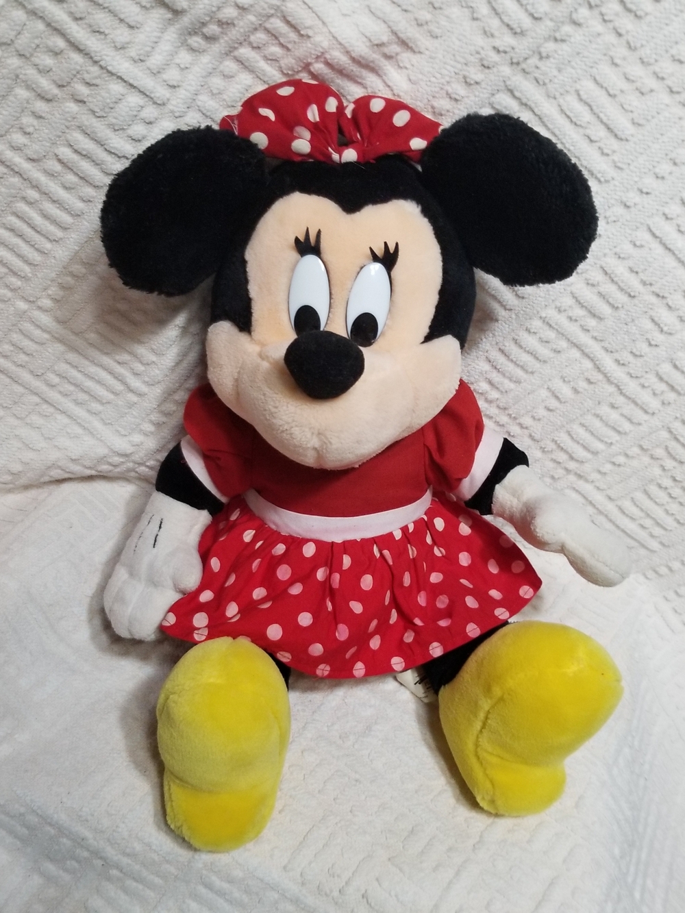 Vintage Disney Minnie Mouse Plush Wearing A Red Polka Dress & Yellow Shoes